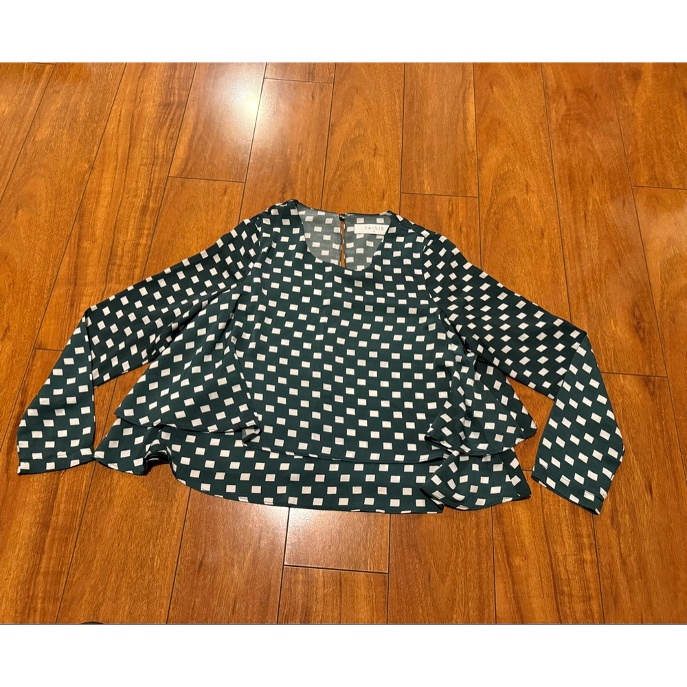 Women's PAISIE Green & White Square Print Tiered Blouse Size 8